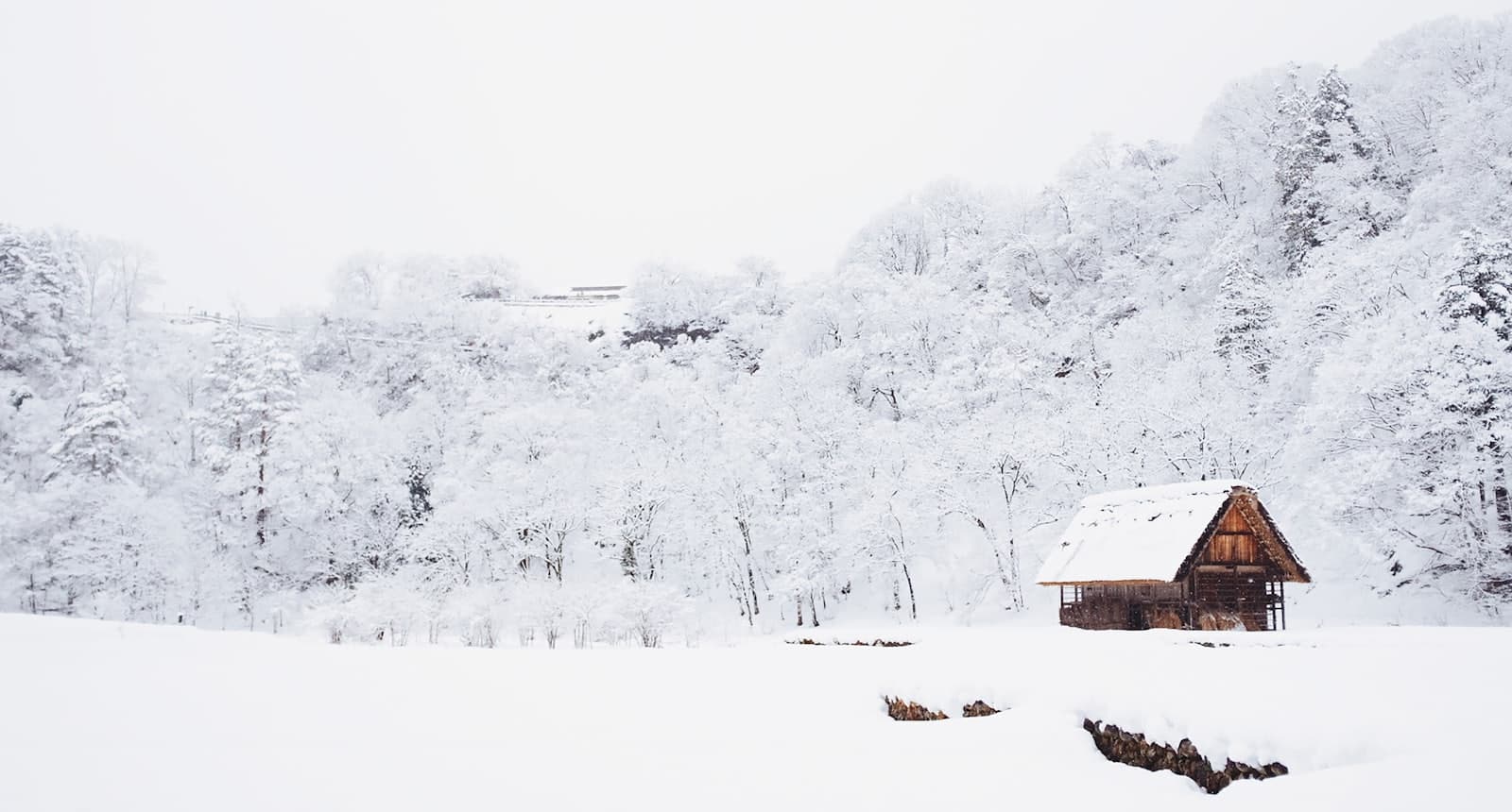 A remote stronghold in a frozen forest beneath snow-laden mountains.